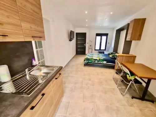 - une cuisine avec un évier et une table dans une chambre dans l'établissement L Auberge du mont des bruyeres PLAIN PIED, à Saint-Amand-les-Eaux