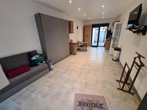 een grote woonkamer met een bank en een televisie bij L Auberge du mont des bruyeres PLAIN PIED in Saint-Amand-les-Eaux