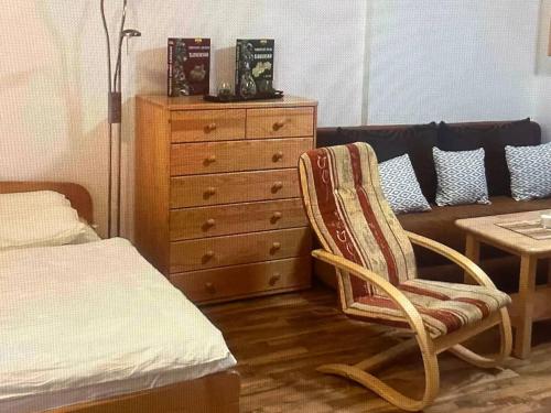 a bedroom with a bed and a chair and a dresser at Mountain Deluxe in Ružomberok