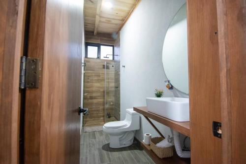 een badkamer met een wastafel, een toilet en een douche bij Cabaña Veinte 21 in Mazamitla