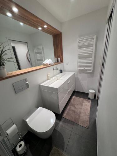 y baño con aseo blanco y lavamanos. en Vieil Antibes Apartment with AC 320m from Beach en Antibes