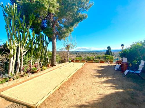 Beautiful Villa with huge private pool and vineyard view في فالنسيا: حديقة بها مقاعد وأشجار في يوم مشمس