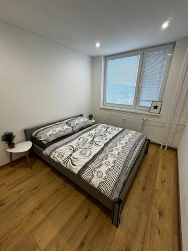 Un dormitorio con una cama grande y una ventana en Apartman Amur, en Košice