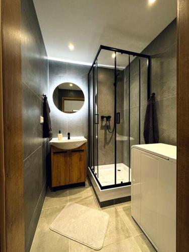 a bathroom with a shower and a sink at Apartman Amur in Košice