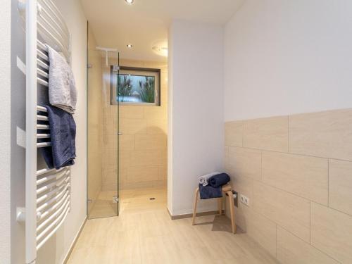 uma casa de banho com uma cabina de duche ao nível do chão e uma porta de vidro em Ralser em Hopfgarten im Brixental