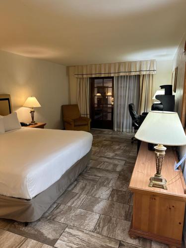 a hotel room with a bed and a desk with a lamp at Ramada by Wyndham Las Cruces Hotel & Conference Center in Las Cruces