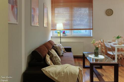 uma sala de estar com um sofá e uma mesa em Apartament Działkowa przy Parku em Chorzów