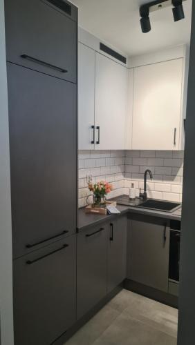 eine Küche mit weißen Schränken und einem Waschbecken in der Unterkunft apartament na fali in Danzig