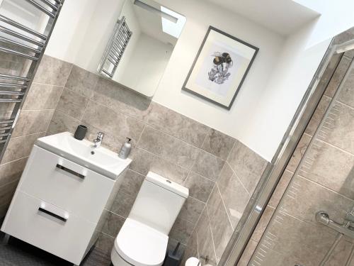 a bathroom with a toilet and a sink and a mirror at The Old Bakery in Norwich