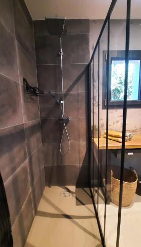 une douche dans une salle de bain avec une porte vitrée dans l'établissement Gîte des Bartavelles, à Saint-Didier