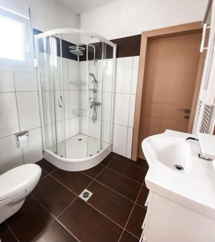 a bathroom with a shower and a toilet and a sink at Elvi Apartment 5 in Áyios Yeóryios