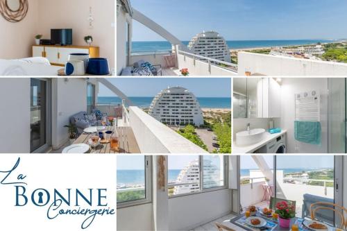 un collage de photos d'une chambre avec vue sur l'océan dans l'établissement Vue mer grandiose la Grande Motte au Lady Blue Terrasse plein ciel Parking Privé, à La Grande Motte