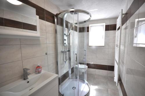 La salle de bains est pourvue d'une douche, de toilettes et d'un lavabo. dans l'établissement Ferienwohnungen Grüner Fürst, à Bad Muskau