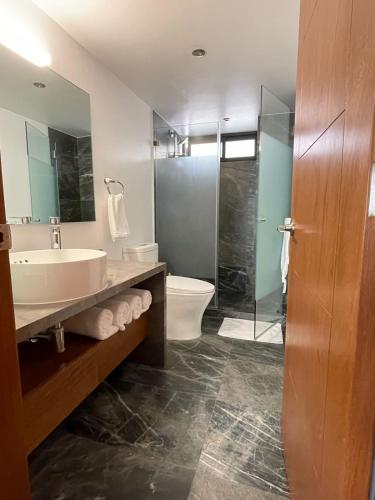 a bathroom with a sink and a toilet and a shower at Great apartment in the heart of Coyoacan in Mexico City