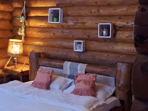 ein Schlafzimmer mit einem Bett in einem Blockhaus in der Unterkunft Cabana Rustic Balea in Cîrţişoara