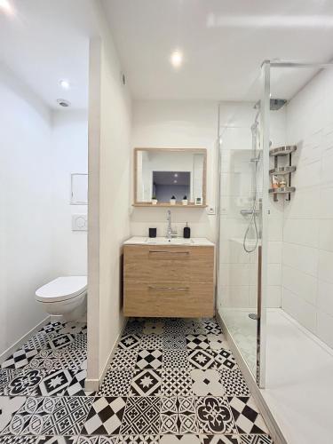 une salle de bain avec un lavabo, des toilettes et une douche dans l'établissement HYPERCENTRE, agréable T2 style LOFT , FIBRE, à Grenoble