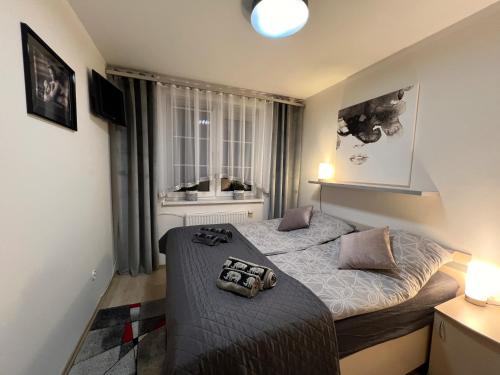 1 dormitorio con 2 camas y ventana en Apartament Orange, en Ostróda