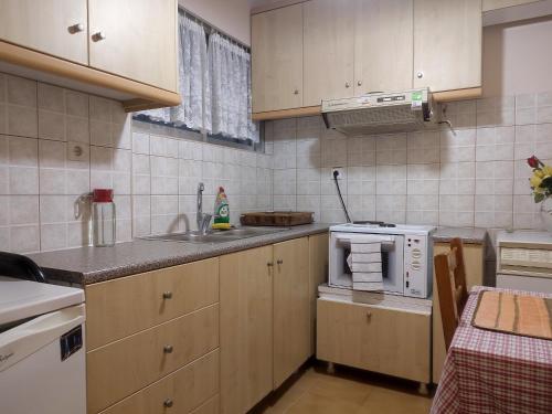 a small kitchen with a sink and a microwave at Mema's Tranquil Studio in Patra - Free Parking in Patra