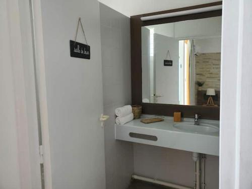 a bathroom with a sink and a mirror at The Ohana Studio in Saint-François