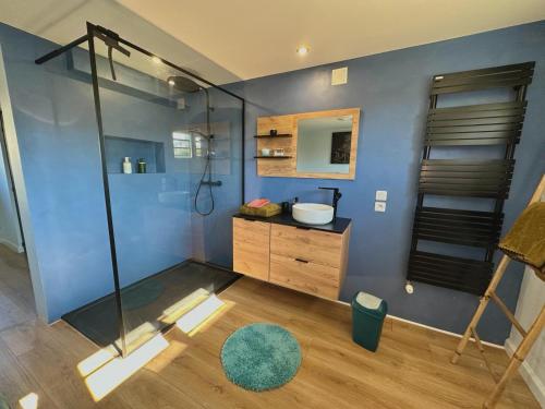 y baño con lavabo y ducha acristalada. en Maison du Bonheur, en Montigny-lès-Metz