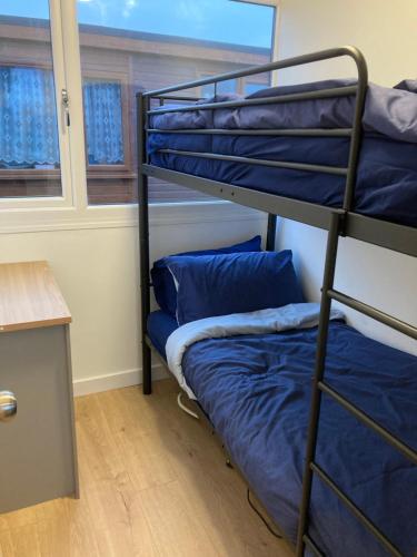 two bunk beds in a room with a window at J16 Mablethorpe Pet Friendly Chalet in Mablethorpe