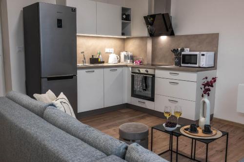 a living room with a couch and a kitchen at Apartmán u Výstaviště in Olomouc