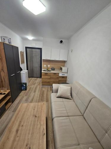 ein Wohnzimmer mit einem Sofa und einer Küche in der Unterkunft Descho in Burgas City