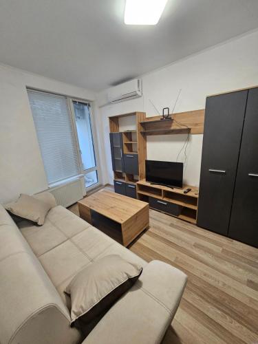 ein Wohnzimmer mit einem Sofa und einem TV in der Unterkunft Descho in Burgas City