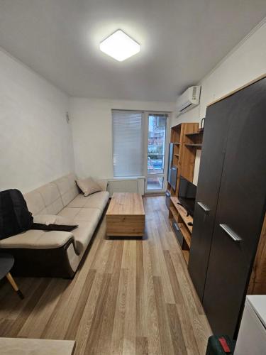 ein Wohnzimmer mit einem Sofa und einem Couchtisch in der Unterkunft Descho in Burgas City