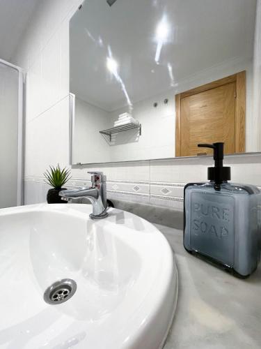 een badkamer met een witte wastafel en een zeepdispenser bij Apartamento Nuskis in Porriño