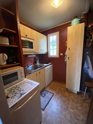 une cuisine avec un réfrigérateur blanc et un évier dans l'établissement Le P'tit Caribou, près des pistes, à Gérardmer