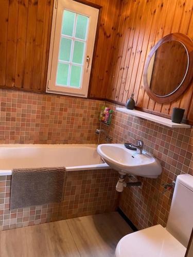 une salle de bain avec un lavabo, une baignoire et des toilettes dans l'établissement Le P'tit Caribou, près des pistes, à Gérardmer