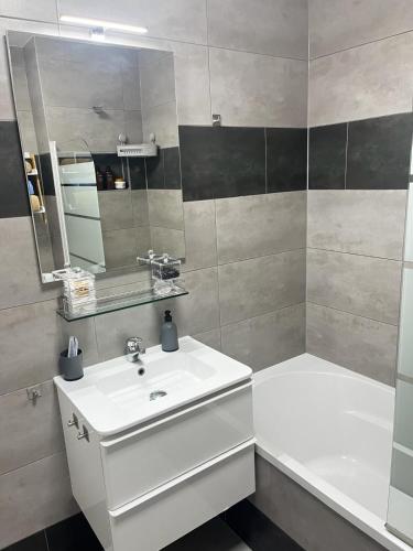 une salle de bain avec un lavabo blanc et une douche dans l'établissement Strasbourg, JULES VERNE, à Strasbourg