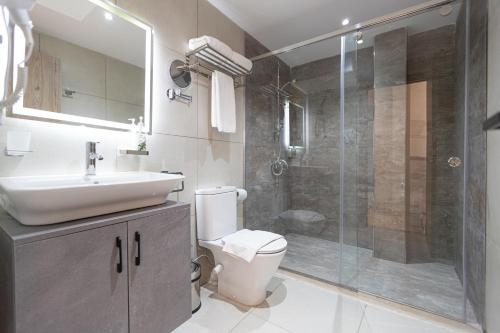 a bathroom with a toilet and a sink and a shower at Soul Pyramids View in Cairo