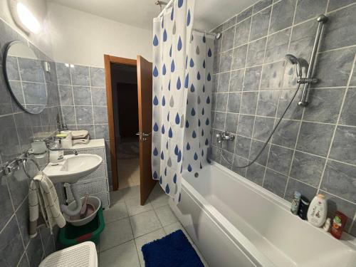 a bathroom with a sink and a tub and a toilet at Apartman DBB Nikšić in Nikšić