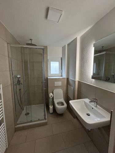 a bathroom with a shower and a toilet and a sink at Ferienwohnungen in Heidenheim in Heidenheim an der Brenz