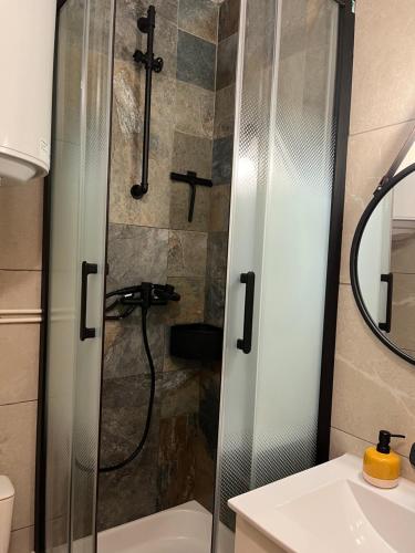 une salle de bain avec une douche avec une porte vitrée dans l'établissement Studio 5 couchages SCHUSS 5 la foux d’allos, à Allos