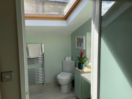 a bathroom with a toilet and a skylight at Time House Cottage in Huby