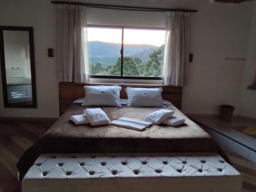 1 dormitorio con 1 cama grande y ventana en Hibisco Home Hotel, en Urubici