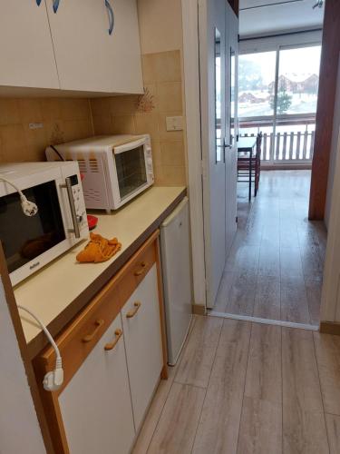 une cuisine avec un micro-ondes et un plan de travail dans l'établissement Studio Front de Neige, à Saint-Étienne-en-Dévoluy
