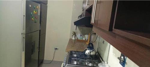 een kleine keuken met een fornuis en een koelkast bij Jhadiya in Colcapirhua