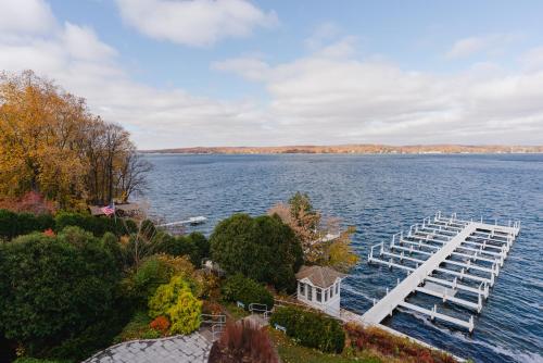 a dock in the middle of a large body of water at The Geneva Inn in Lake Geneva