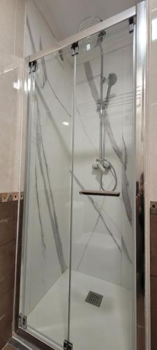una ducha con puerta de cristal en una habitación en Urbanizacion los Delfines, en Santander