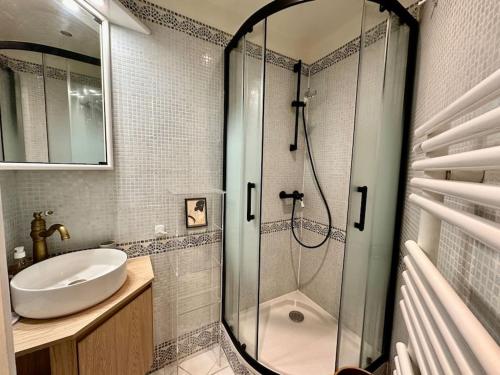 a bathroom with a glass shower and a sink at Superbe appartement hyper centre de Paris in Paris