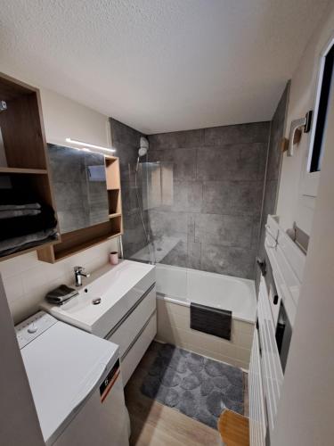 une petite salle de bain avec un lavabo et une douche dans l'établissement Appart Duplex 4/5p - Saint-Lary, à Saint-Lary-Soulan