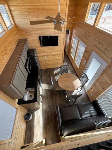 an overhead view of a living room and kitchen in a tiny house at Scenic View Inn & Suites Moab in Moab