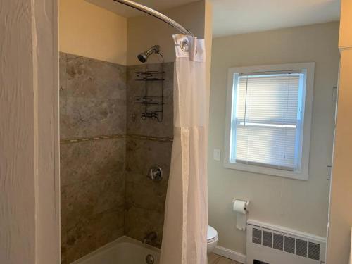 a bathroom with a shower with a shower curtain at Charming Urban Apartment Getaway in Providence