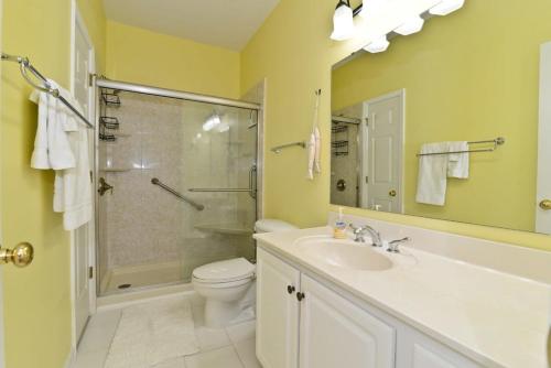 a bathroom with a sink and a shower and a toilet at Cherry Grove Villa Close to Beach w Pool in Myrtle Beach