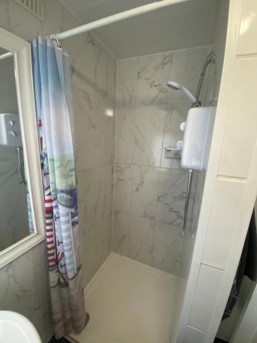a bathroom with a shower and a sink at Chalet 5 Clarach Bay in Aberystwyth