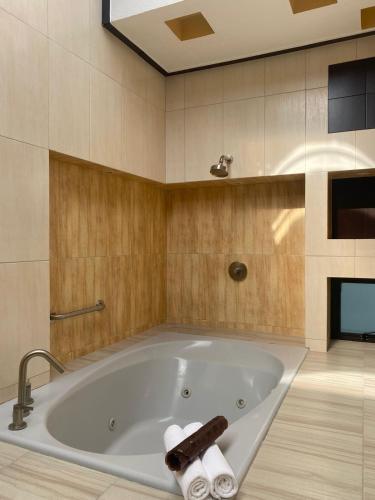 a bath tub in a bathroom with a fireplace at HOTEL BOUTIQUE CASA DEL BOSQUE in Tlaxcala de Xicohténcatl
